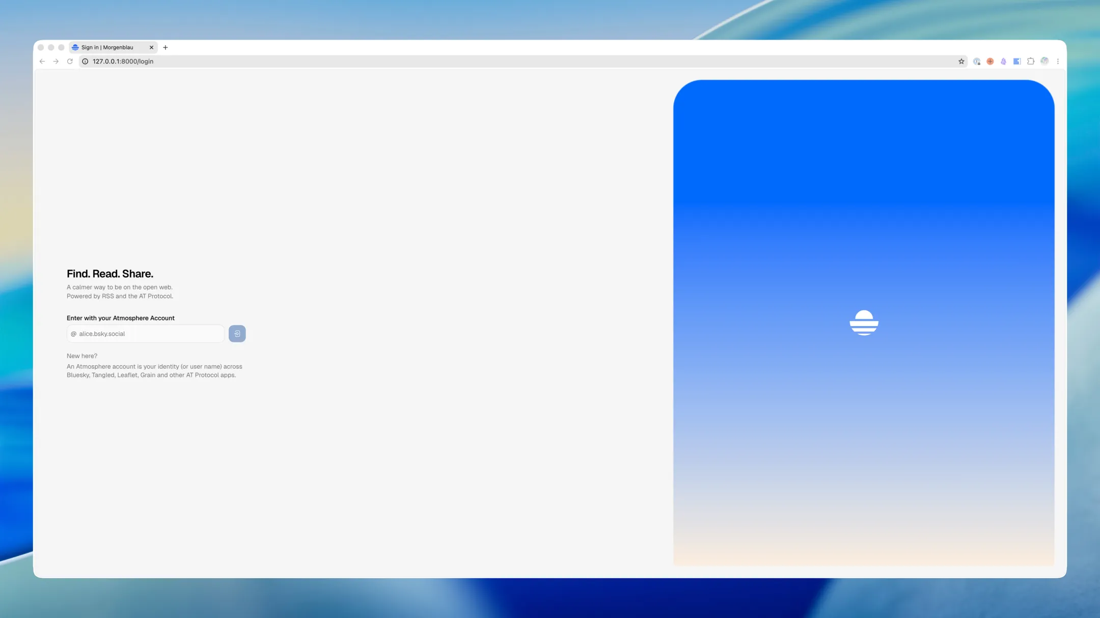 Morgenblau login screen with the tagline “Find. Read. Share.” and an Atmosphere account sign-in field