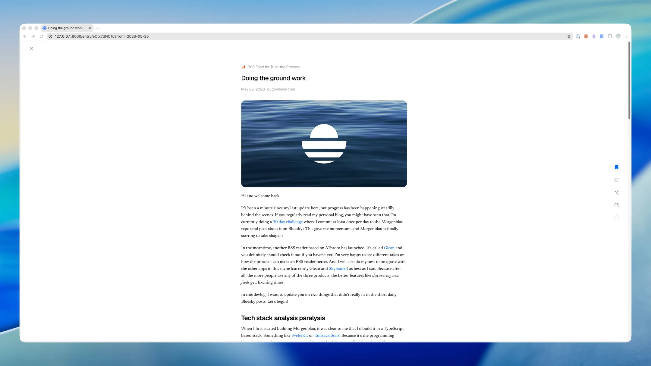 Morgenblau reader view showing the article “Doing the ground work” with a hero image and clean reading layout