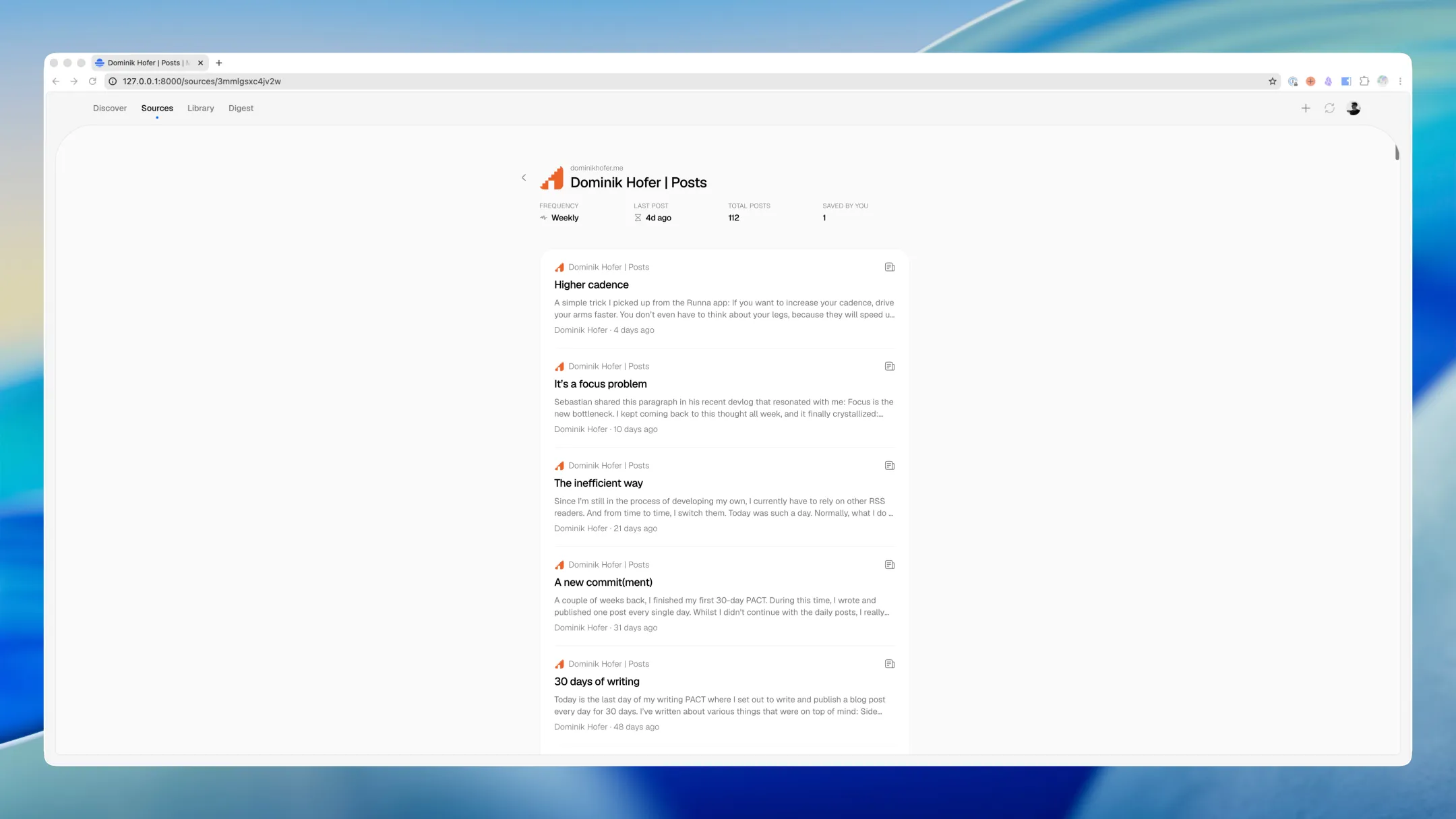 Morgenblau source page for “Dominik Hofer | Posts” showing feed stats and a list of recent posts